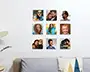 Neun quadratische Fotos als großes Quadrat über Sofa angeordnet